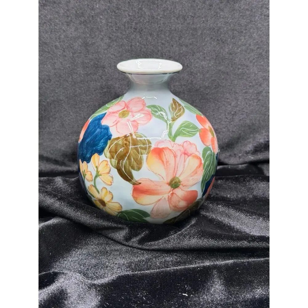 Vintage Hand Painted Thai Floral Porcelain Bud Vase Cottagecore Decor